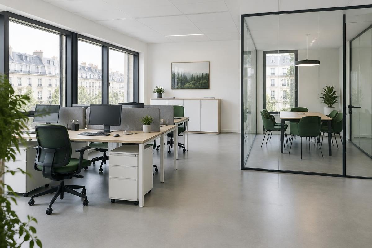 Illustration : bureaux lumineux et salle de réunion vitrée
